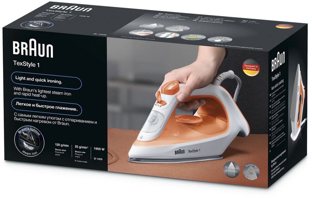 Braun TexStyle 1 SI 1009 Ferro Da Stiro a Vapore Piastra Antiaderente 1900W Arancione/Bianco