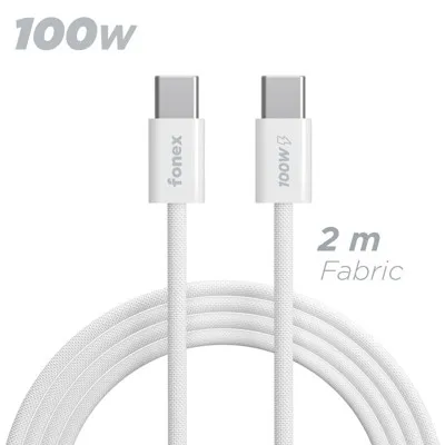 Fonex cavo carica e dati 100W in tessuto ultraresistente Type-C to Type-C | 2 m | Bianco