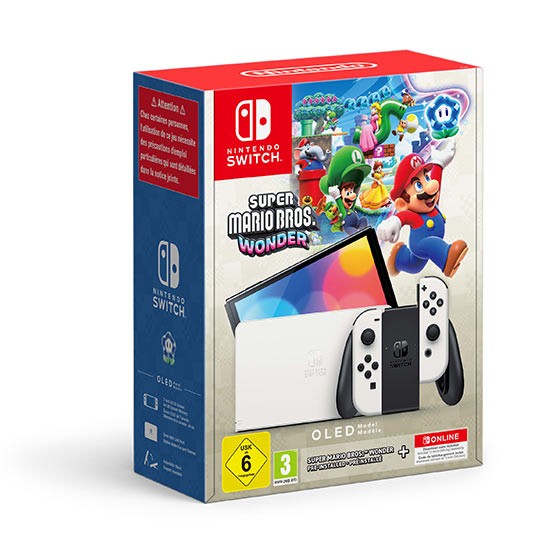 Nintendo Switch Console OLED White + Super Mario Wonder + 12 NSO