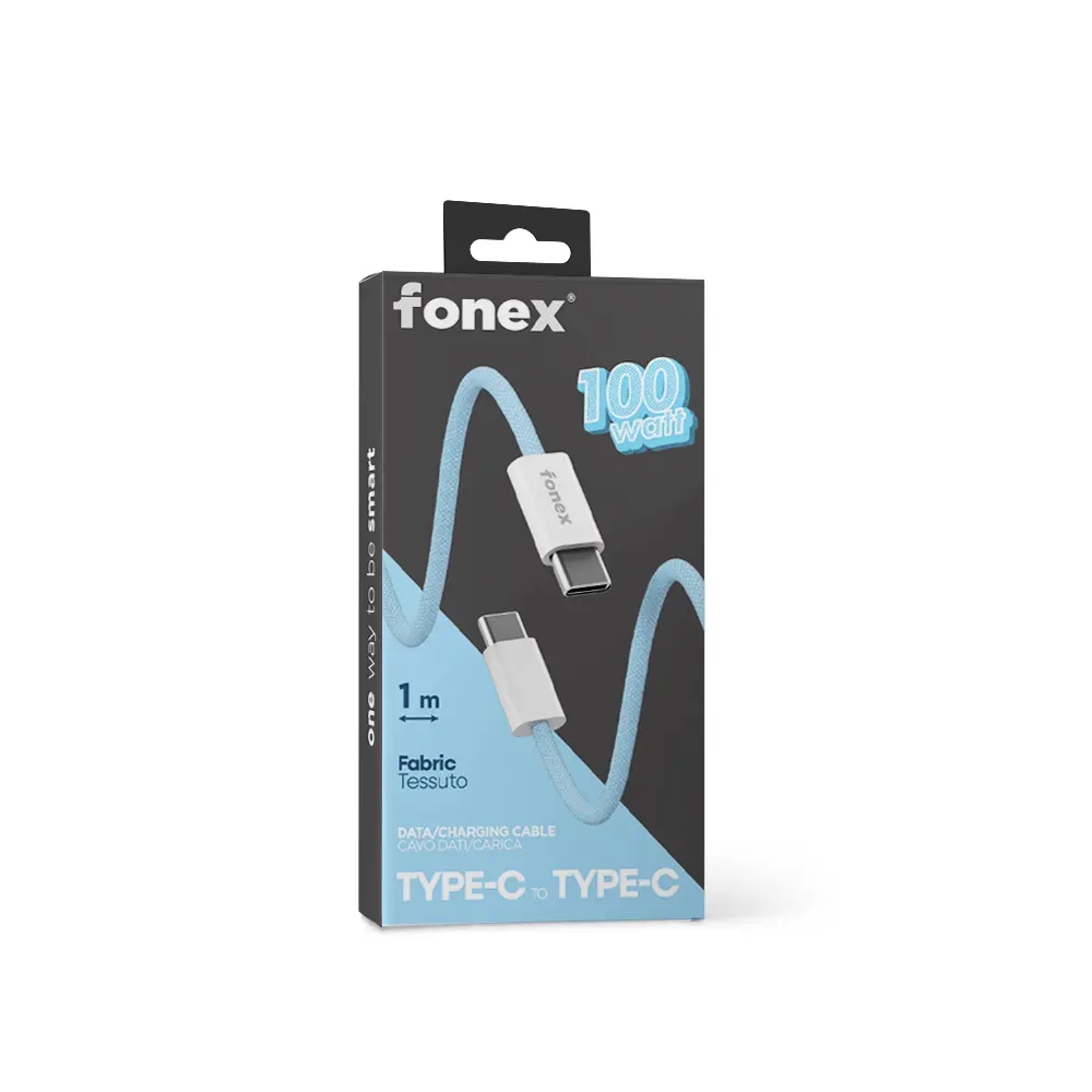 Fonex cavo carica e dati 100W in tessuto ultraresistente Type-C to Type-C  1 mt  Blu