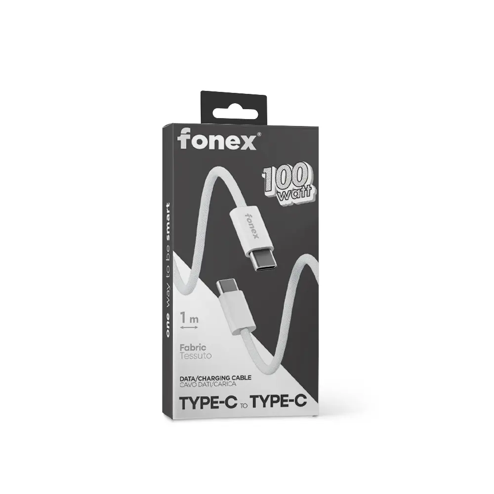 Fonex cavo carica e dati 100W in tessuto ultraresistente Type-C to Type-C | 1 m | Bianco