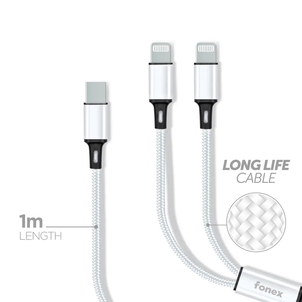 Fonex cavo di ricarica 20W da Type-C a doppio connettore Lightning | 1 m | Bianco