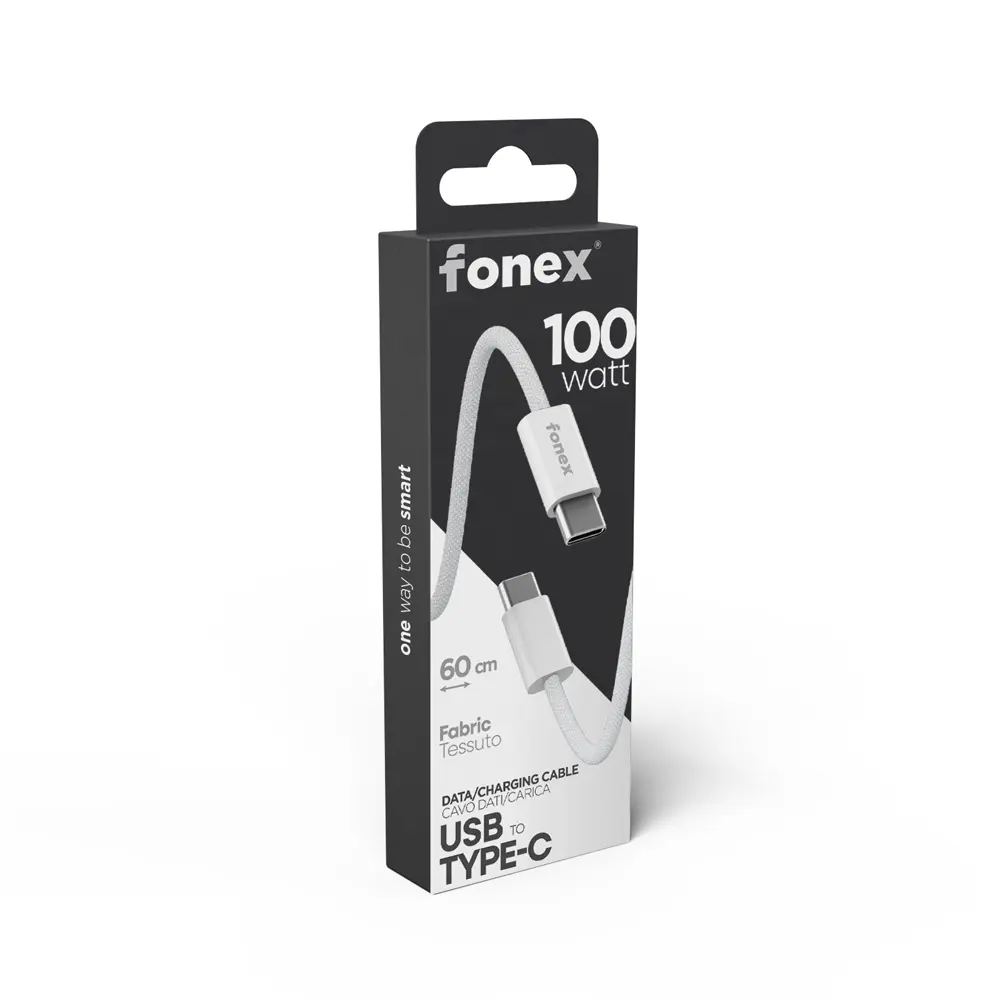Fonex cavo carica e dati 100W in tessuto ultraresistente Type-C to Type-C | 60 cm | Bianco