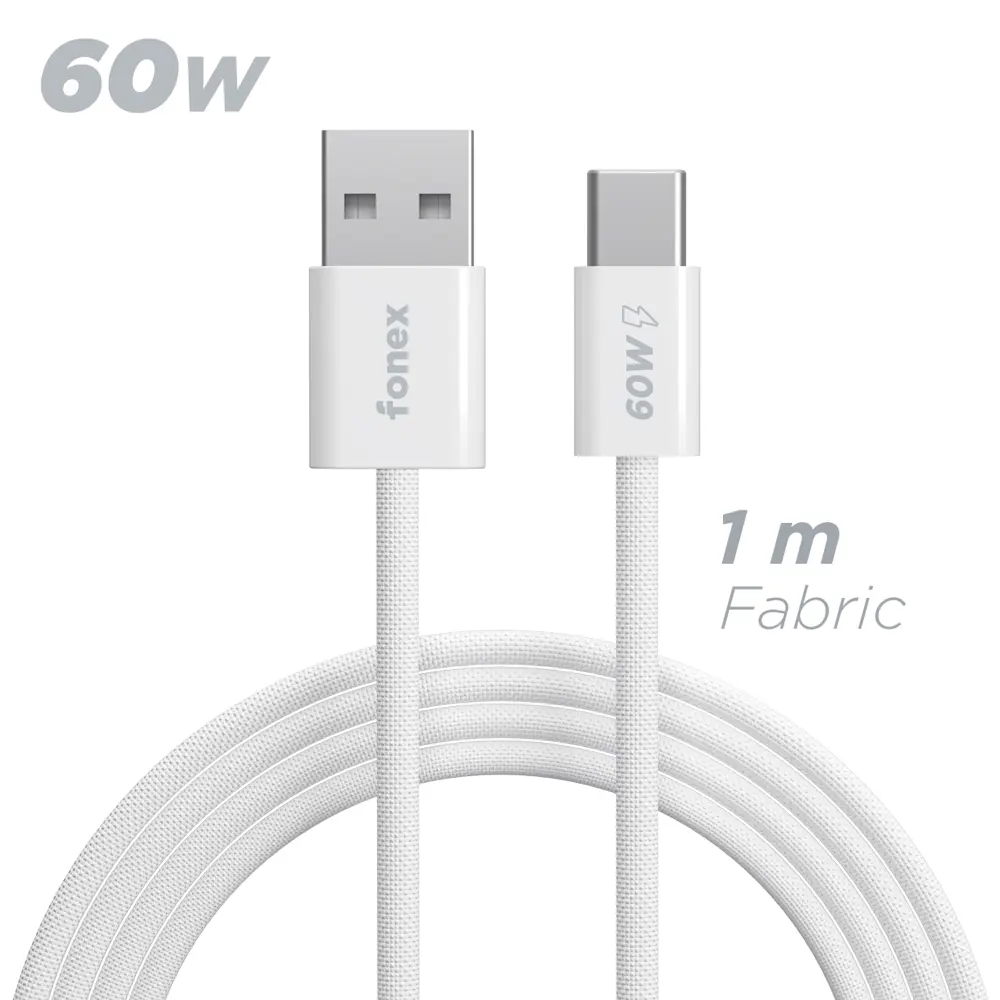 Fonex cavo carica e dati 60W in tessuto ultraresistente USB to Type-C | 1 m | Bianco