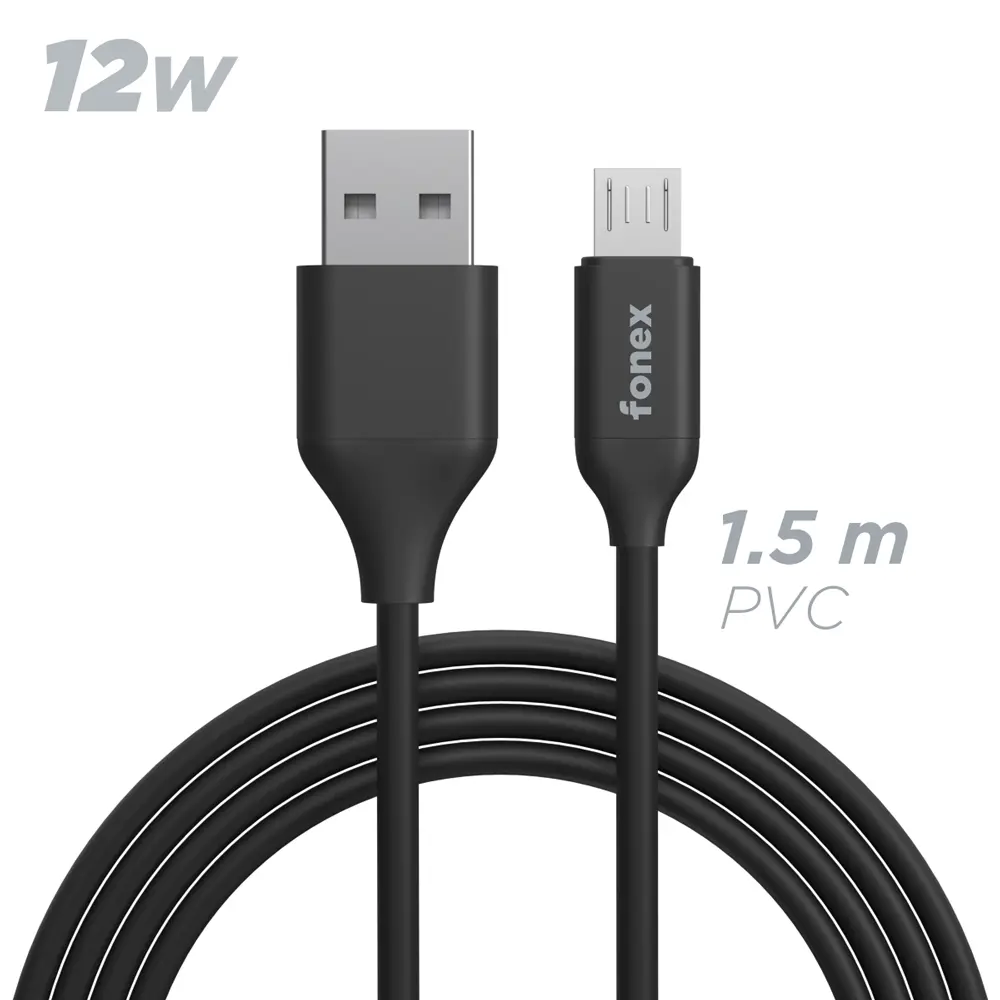 Fonex cavo carica e dati 12W USB to Micro USB | 1.5 m | Nero