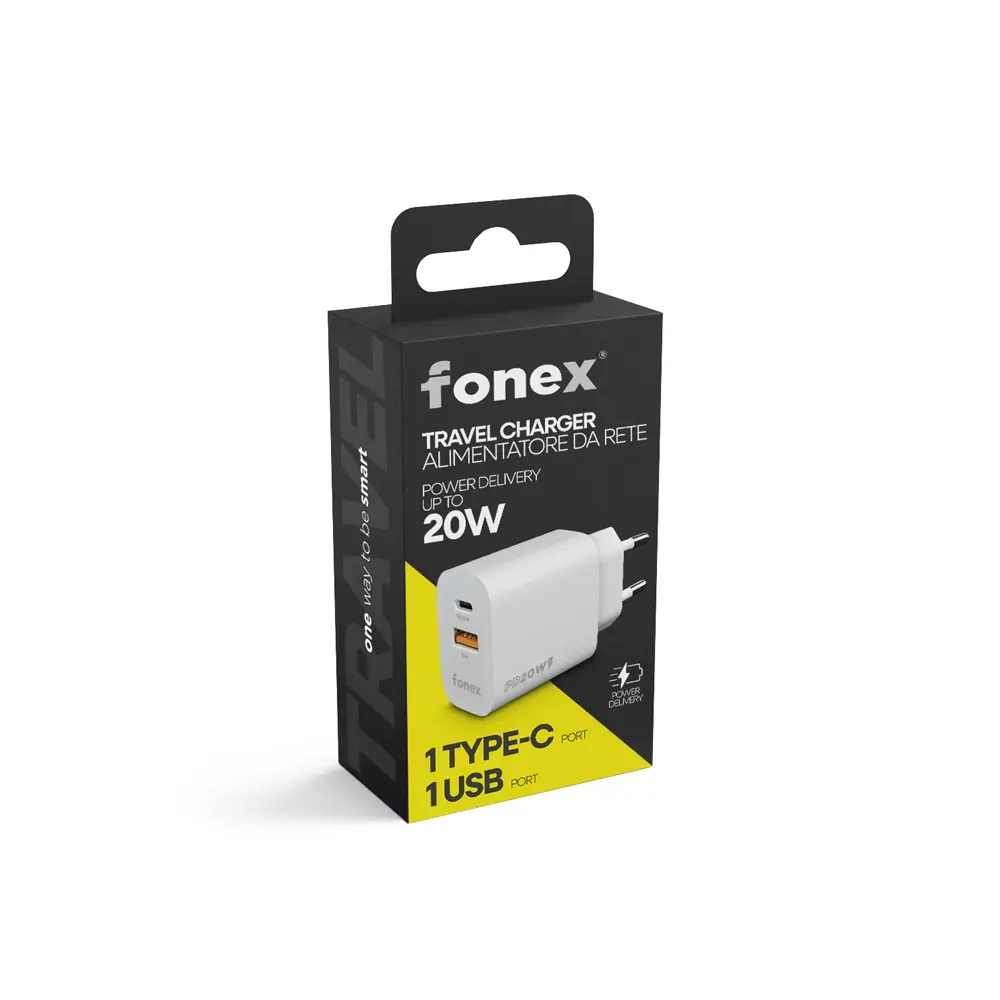 Fonex caricatore da rete 20W con porta USB + Type-C  Bianco