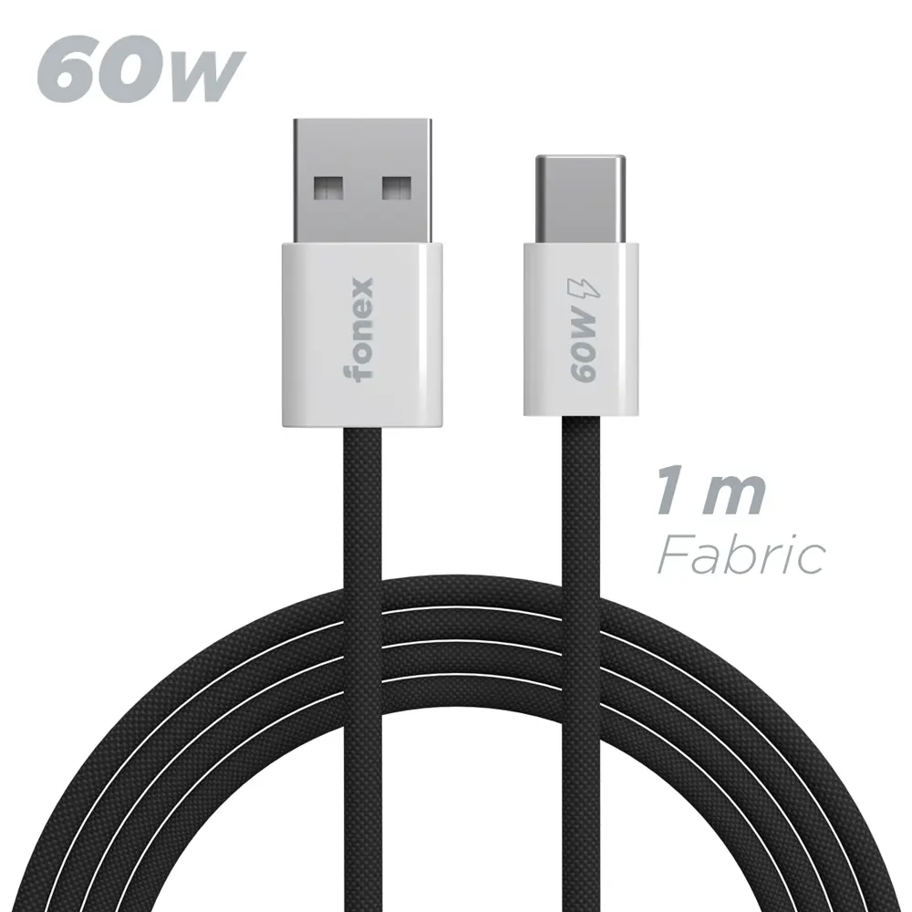 Fonex cavo carica e dati 60W in tessuto ultraresistente USB to Type-C | 1 m | Nero 