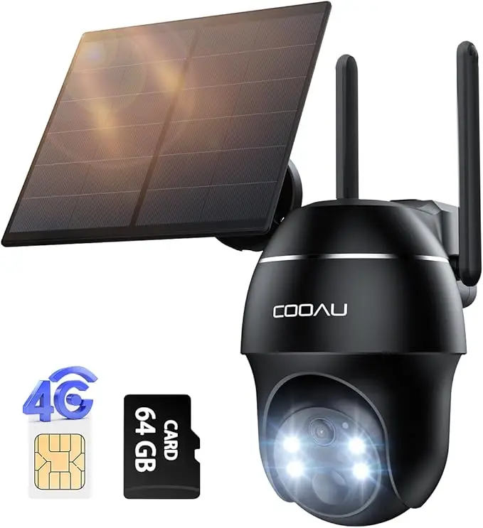 COOAU 4G Telecamera Esterno con SIM e pannello solare,2K Telecamere Batterie Senza Fili con 64G card,360°PTZ Videocamera Sorveglianza,Visione Notturna a Colori