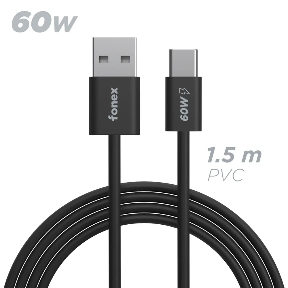 Fonex cavo carica e dati 60W USB to Type-C | 1.5 m | Nero