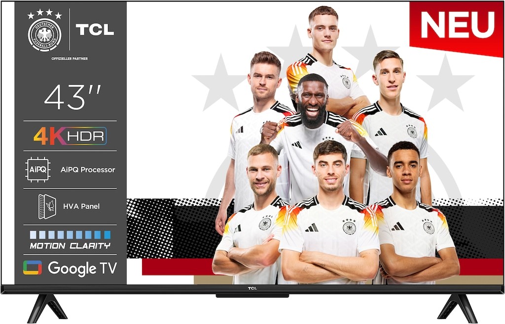 TCL 43V6C TV 43'' 4K UHD Smart LED TV, 4K HDR, Google TV con design senza bordi (Dolby Audio, Motion Clarity, compatibile con Google Assistant e Alexa) [Classe di efficienza energetica E]