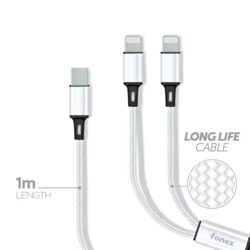 Fonex cavo di ricarica 20W da Type-C a doppio connettore Lightning | 1 m | Bianco