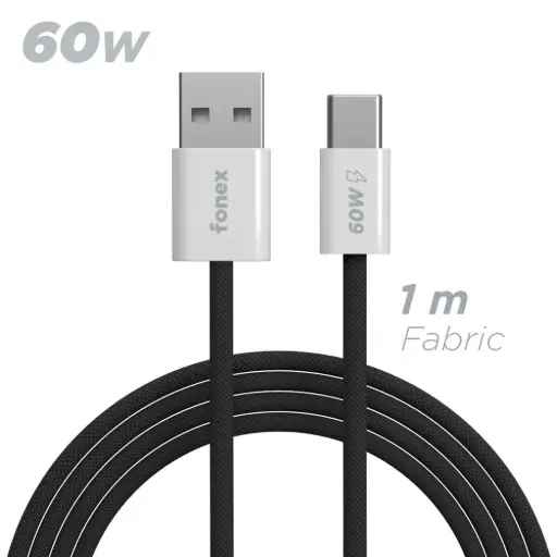 Fonex cavo carica e dati 60W in tessuto ultraresistente USB to Type-C | 1 m | Nero 